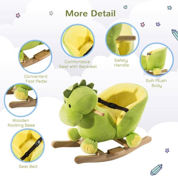 Kids Rocking Horse, Plush Ride-On Dinosaur Seat w/ Seat Safety Belt