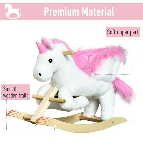 HOMCOM Kids Wooden Ride On Unicorn Rocking Horse Plush Toy Soft Seat Pink