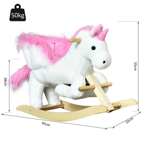 HOMCOM Kids Wooden Ride On Unicorn Rocking Horse Plush Toy Soft Seat Pink