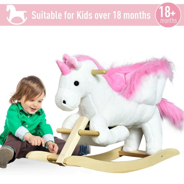 HOMCOM Kids Wooden Ride On Unicorn Rocking Horse Plush Toy Soft Seat Pink